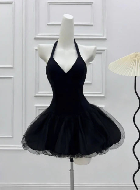 Beautiful Black Tulle Halter Neck Mesh Splicing Puffy Birthday Dress Homecoming Dress