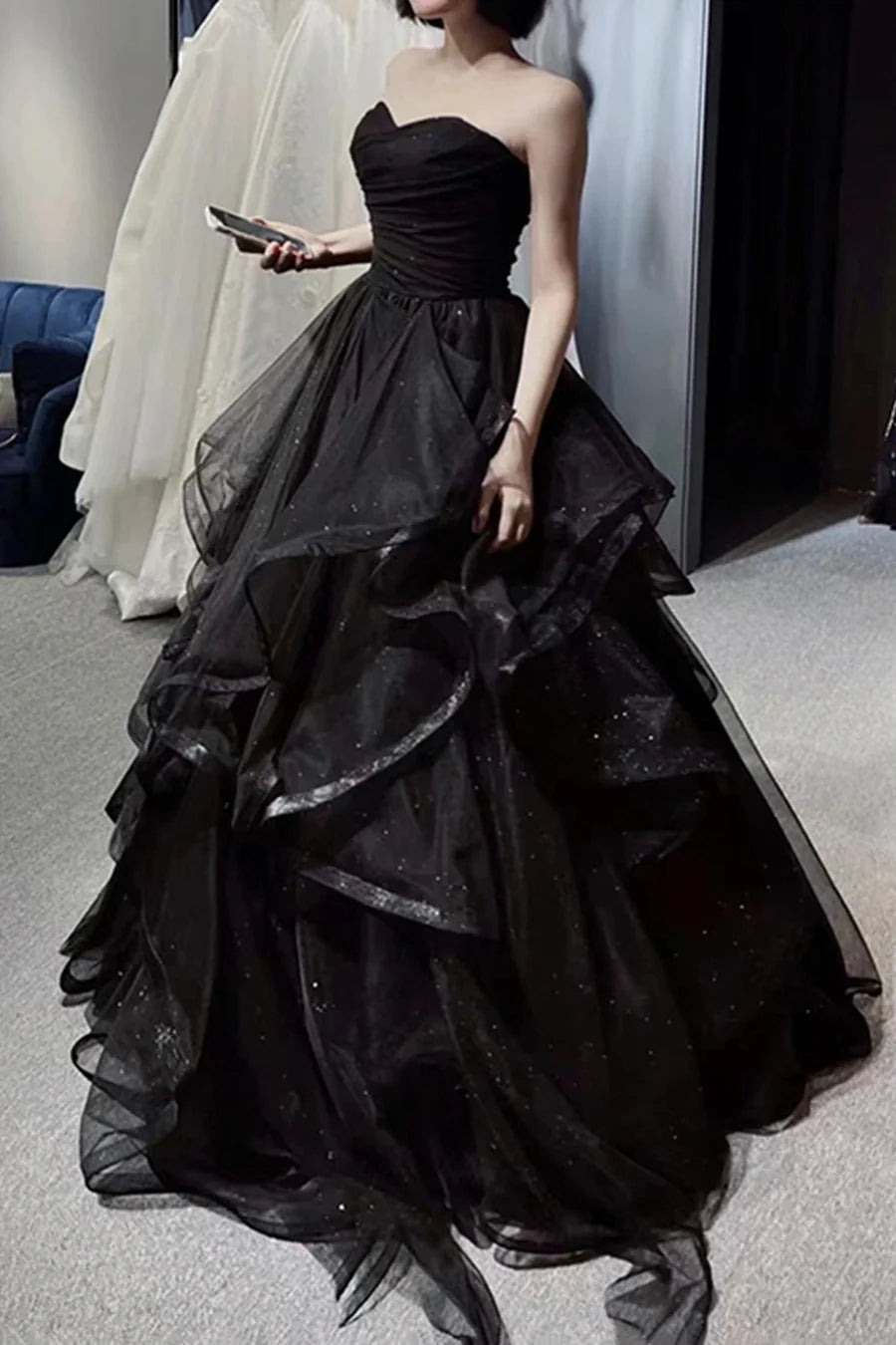 Beautiful Black Tulle Off Shoulder Long A-Line Prom Dress Evening Party Dress