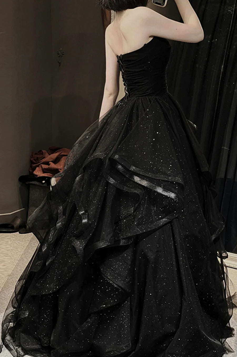 Beautiful Black Tulle Off Shoulder Long A-Line Prom Dress Evening Party Dress