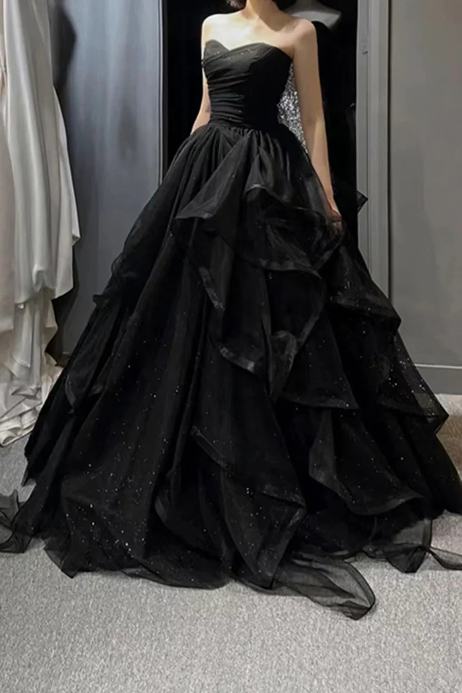 Beautiful Black Tulle Off Shoulder Long A-Line Prom Dress Evening Party Dress