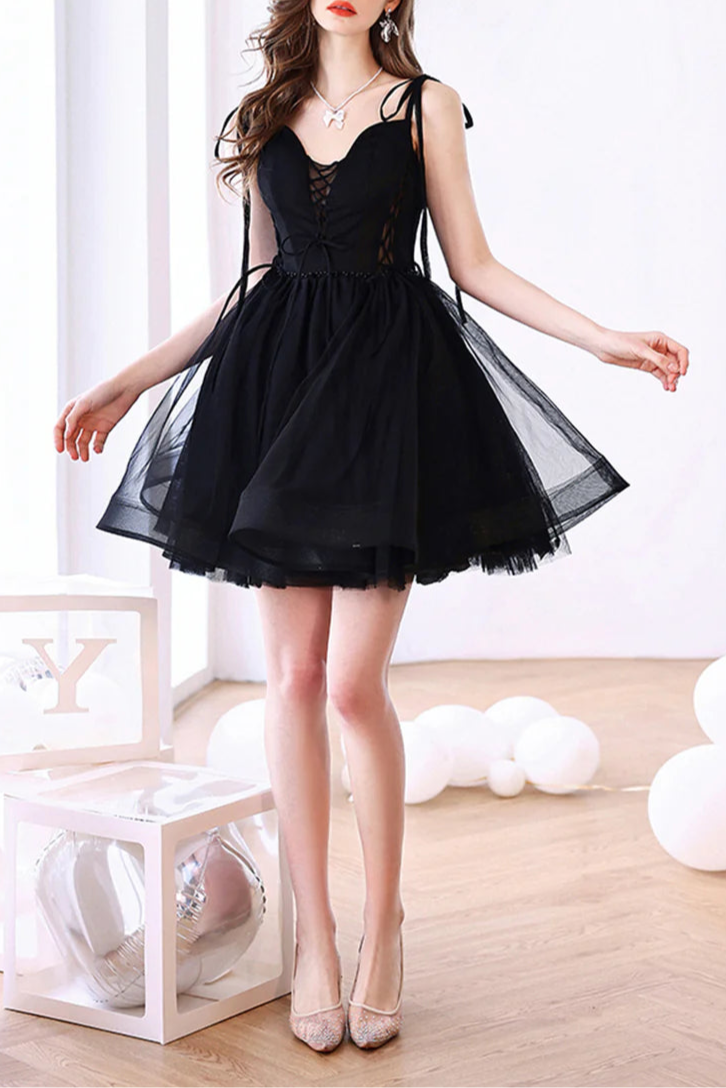 Beautiful Black Tulle With Beaded Lace Up A-Line Short Prom Dress Homecoming Party Dress