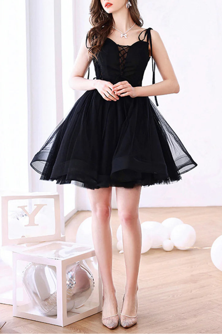 Beautiful Black Tulle With Beaded Lace Up A-Line Short Prom Dress Homecoming Party Dress