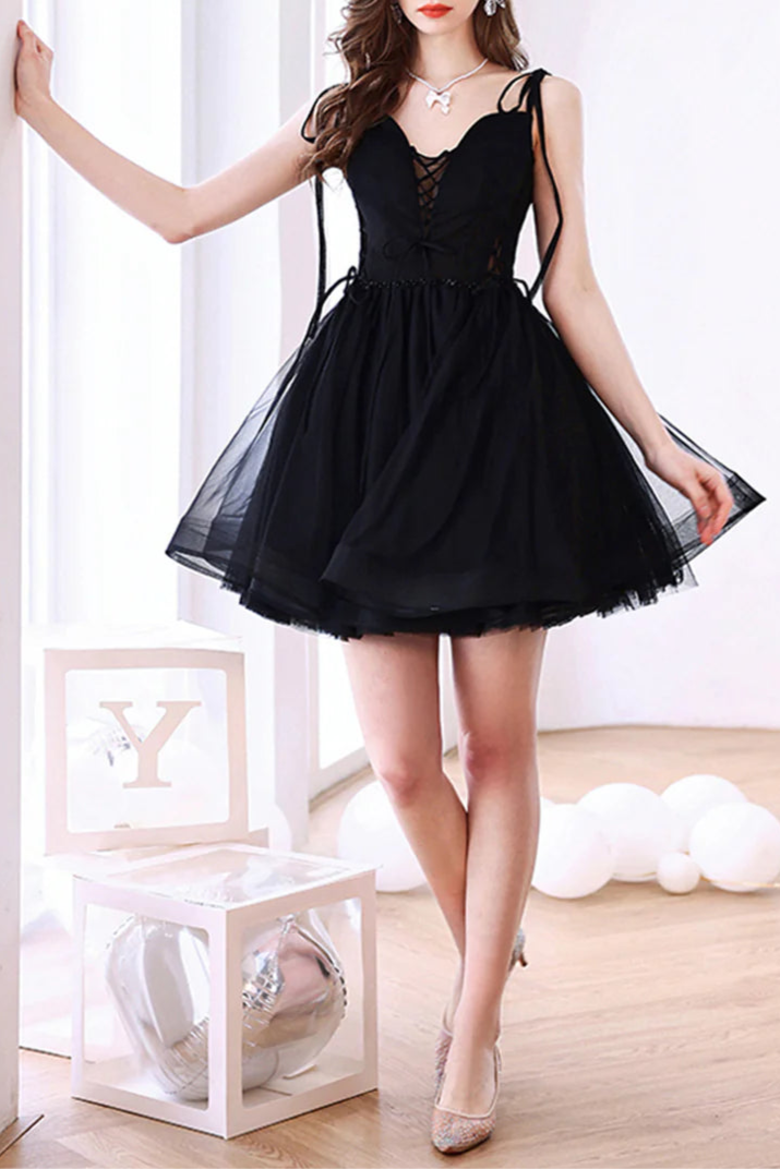 Beautiful Black Tulle With Beaded Lace Up A-Line Short Prom Dress Homecoming Party Dress