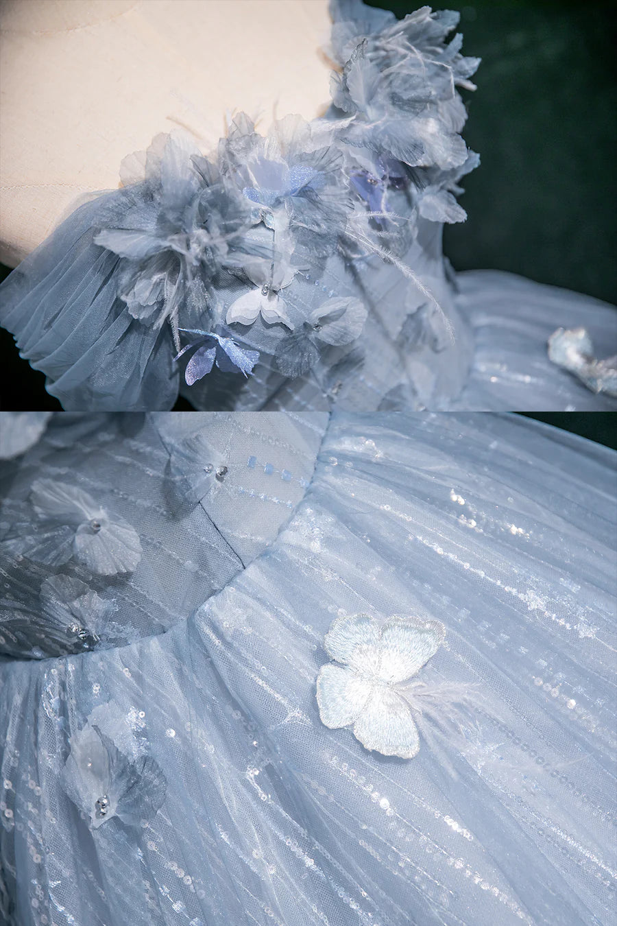 Beautiful Blue Butterfly Appliques Sequins Backless A-Line Prom Dress Party Dress