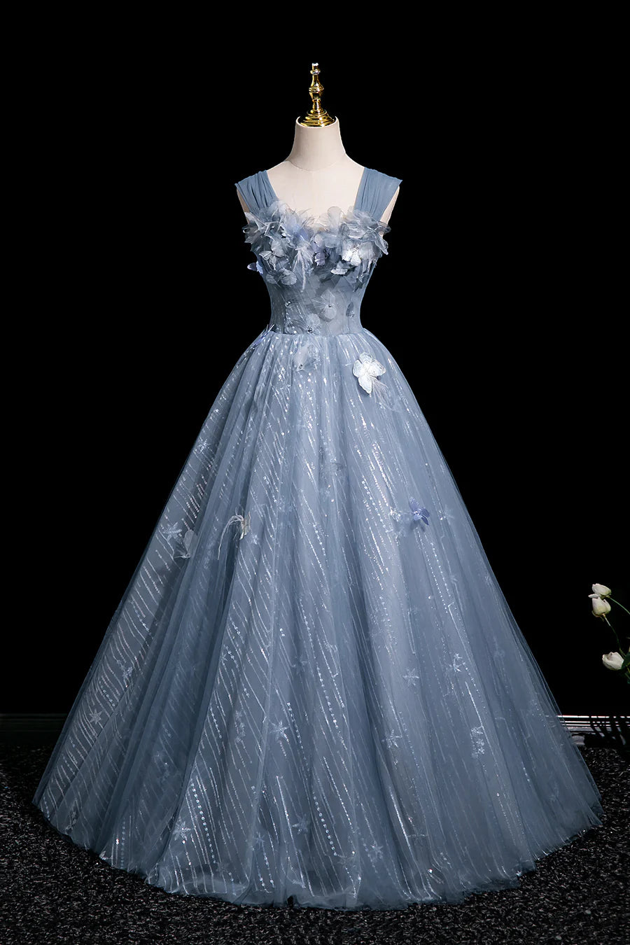 Beautiful Blue Butterfly Appliques Sequins Backless A-Line Prom Dress Party Dress