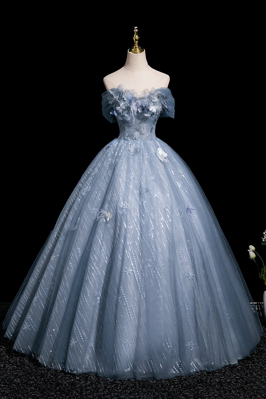 Beautiful Blue Butterfly Appliques Sequins Backless A-Line Prom Dress Party Dress