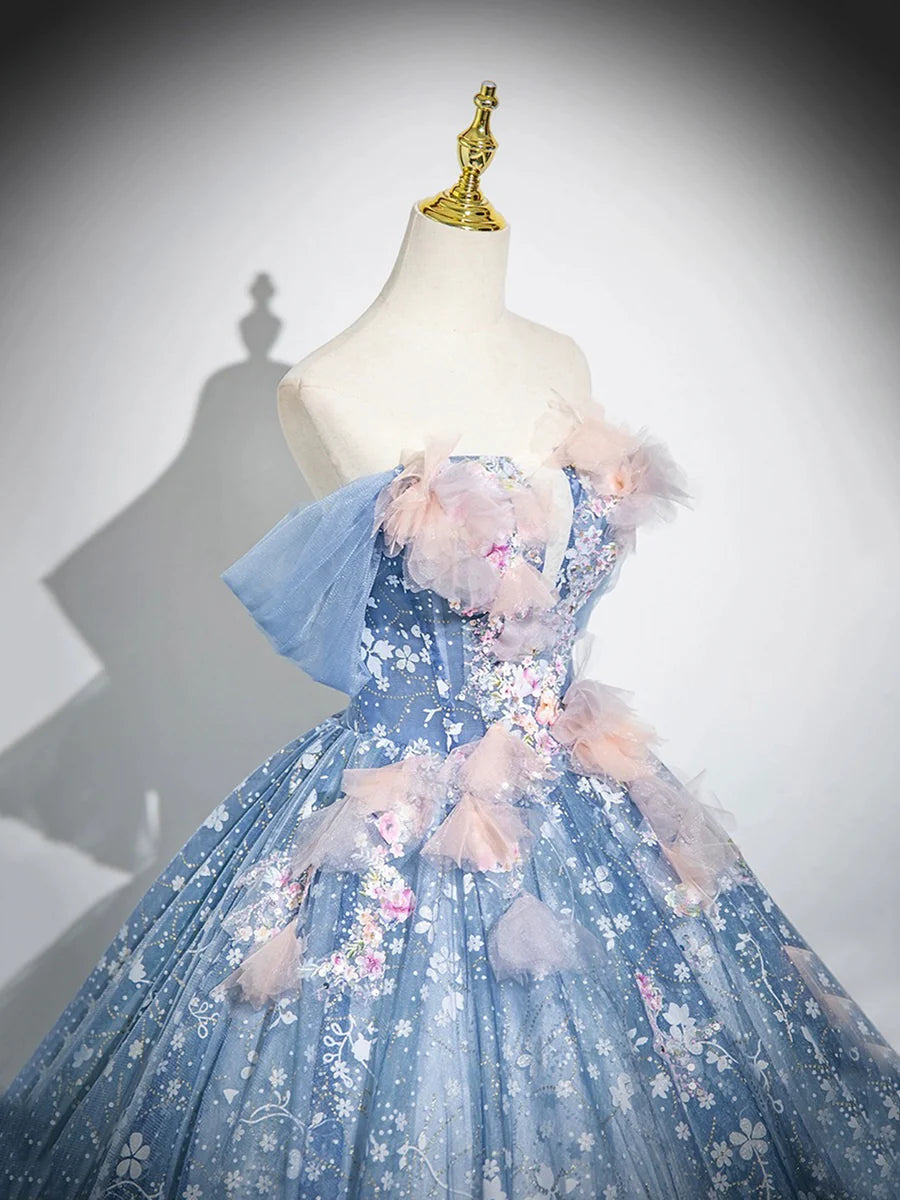 Beautiful Blue Flower Fairy Tulle Off the Shoulder Floor Length Formal Dress Party Dress