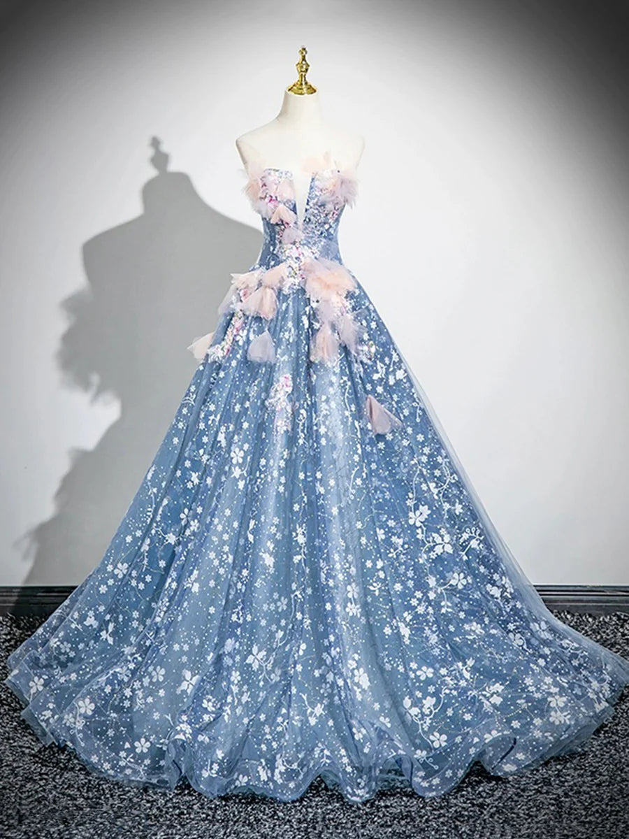Beautiful Blue Flower Fairy Tulle Off the Shoulder Floor Length Formal Dress Party Dress