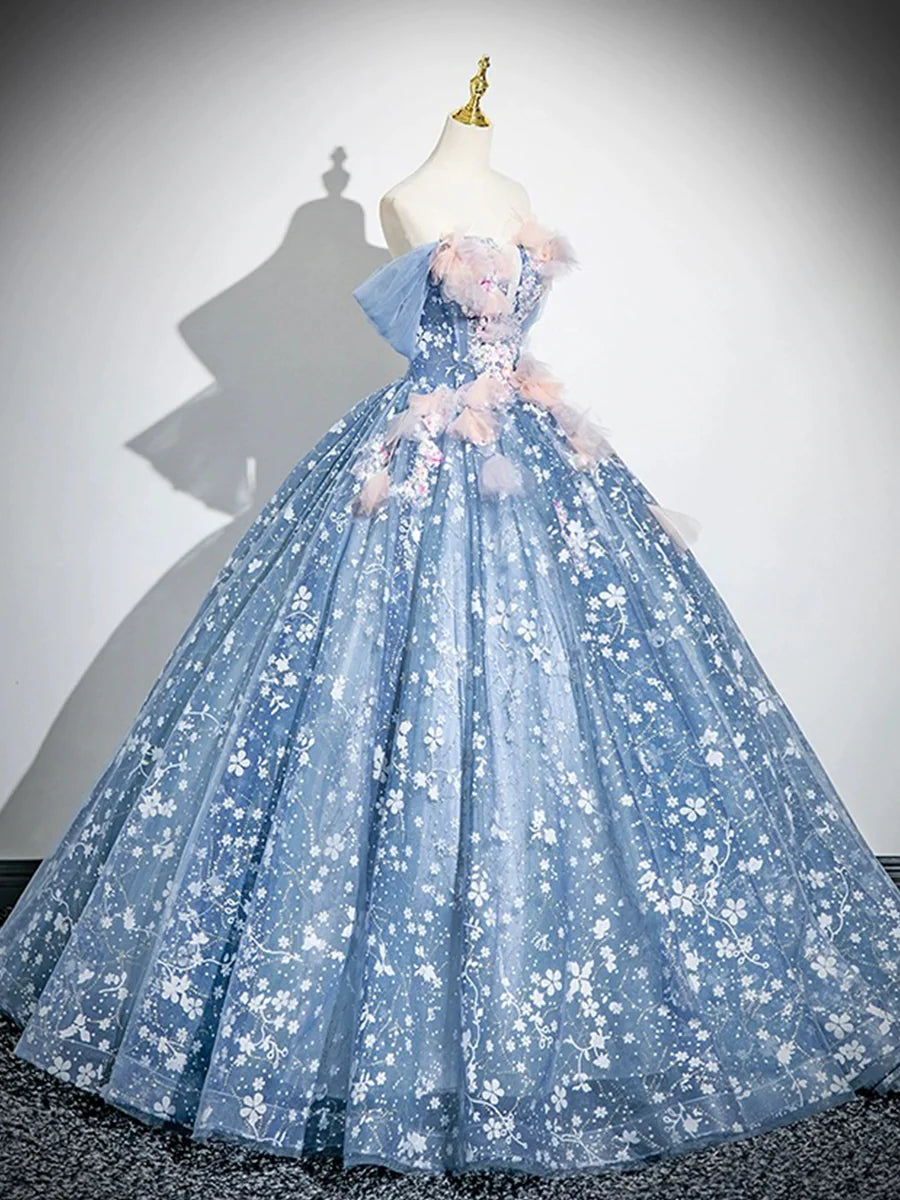 Beautiful Blue Flower Fairy Tulle Off the Shoulder Floor Length Formal Dress Party Dress