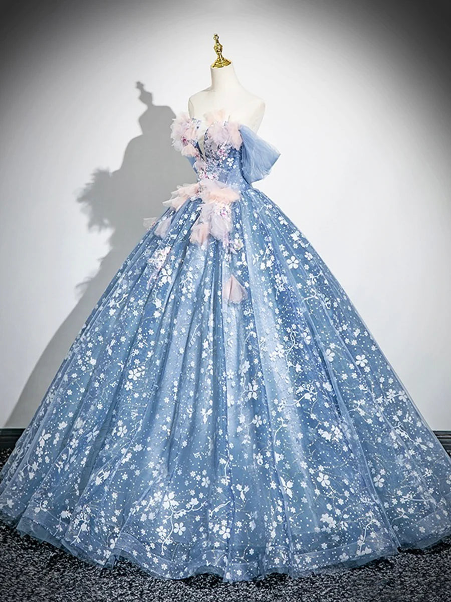 Beautiful Blue Flower Fairy Tulle Off the Shoulder Floor Length Formal Dress Party Dress