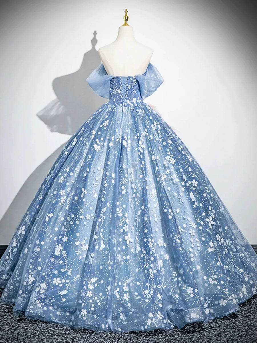 Beautiful Blue Flower Fairy Tulle Off the Shoulder Floor Length Formal Dress Party Dress