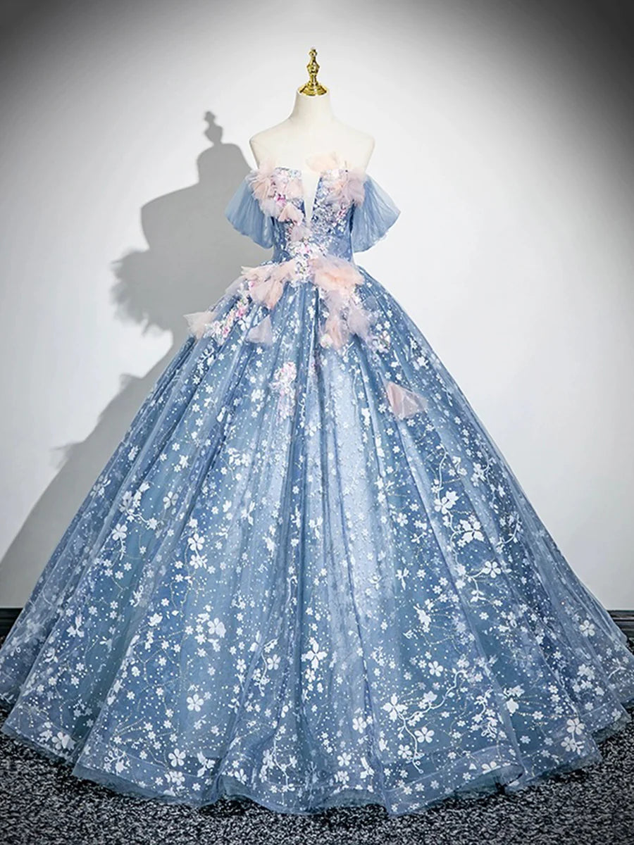 Beautiful Blue Flower Fairy Tulle Off the Shoulder Floor Length Formal Dress Party Dress