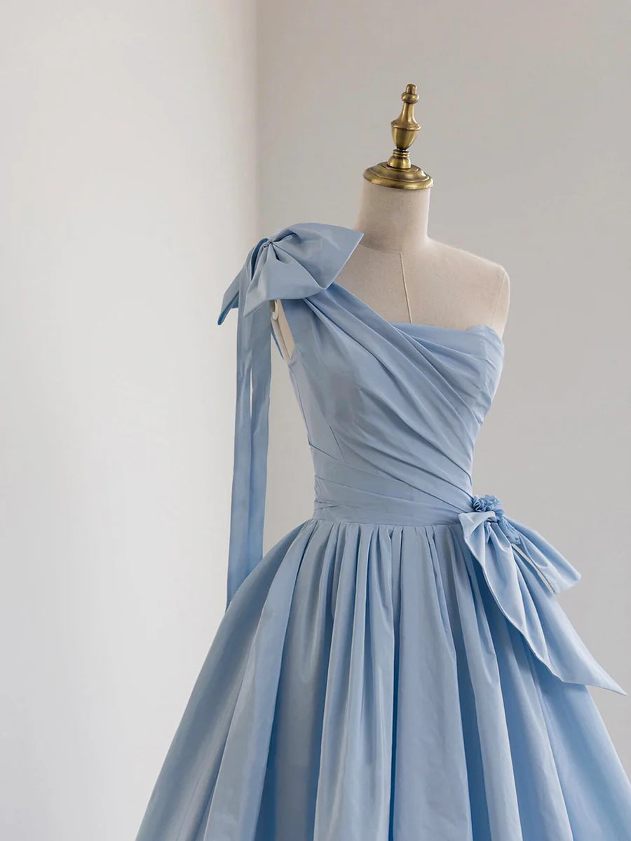 Beautiful Blue Satin One Shoulder Floor Length Prom Dress A-Line Pleated Formal Evening Dress With Bow