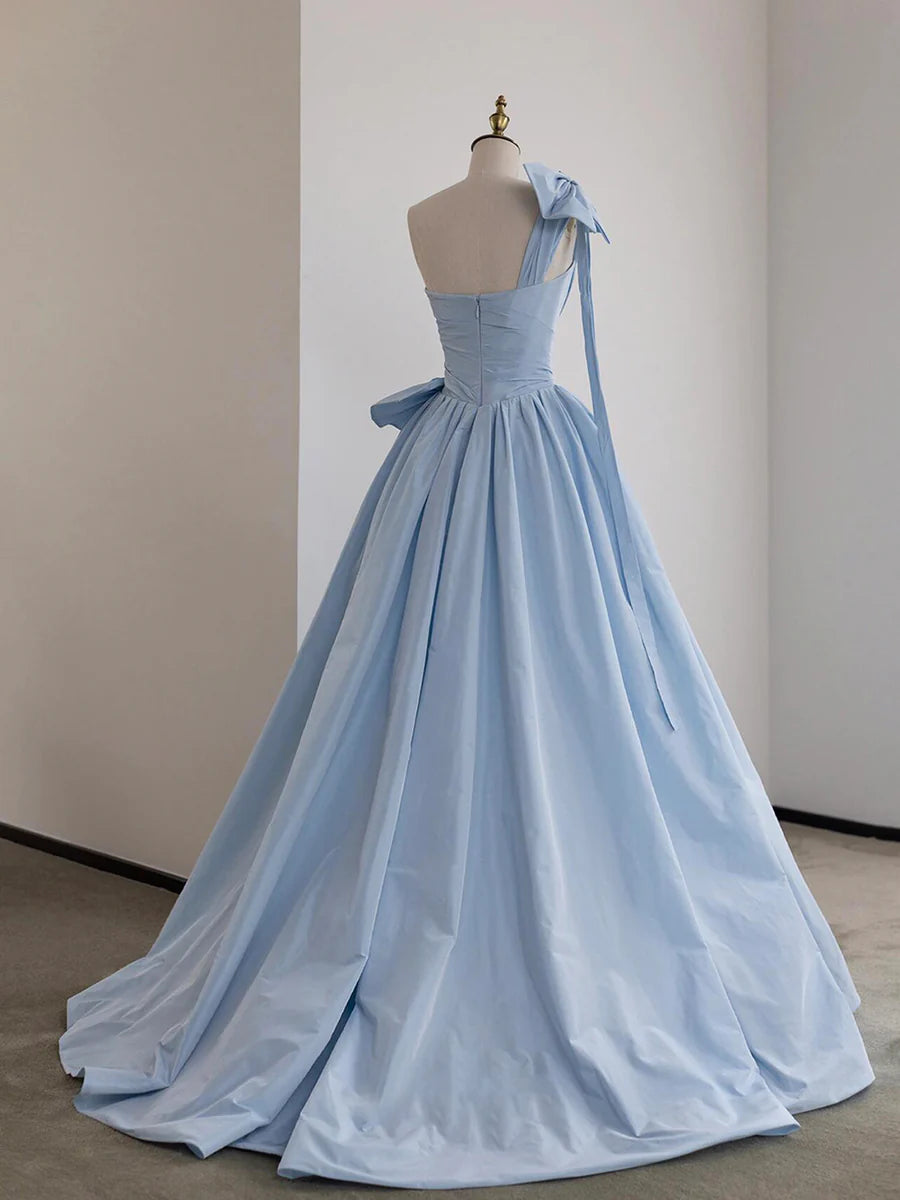 Beautiful Blue Satin One Shoulder Floor Length Prom Dress A-Line Pleated Formal Evening Dress With Bow