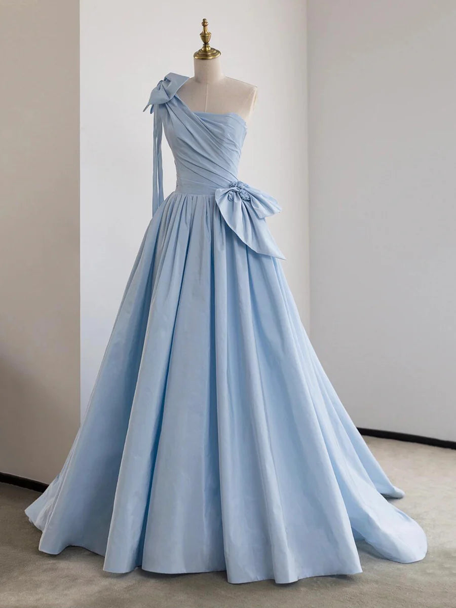 Beautiful Blue Satin One Shoulder Floor Length Prom Dress A-Line Pleated Formal Evening Dress With Bow