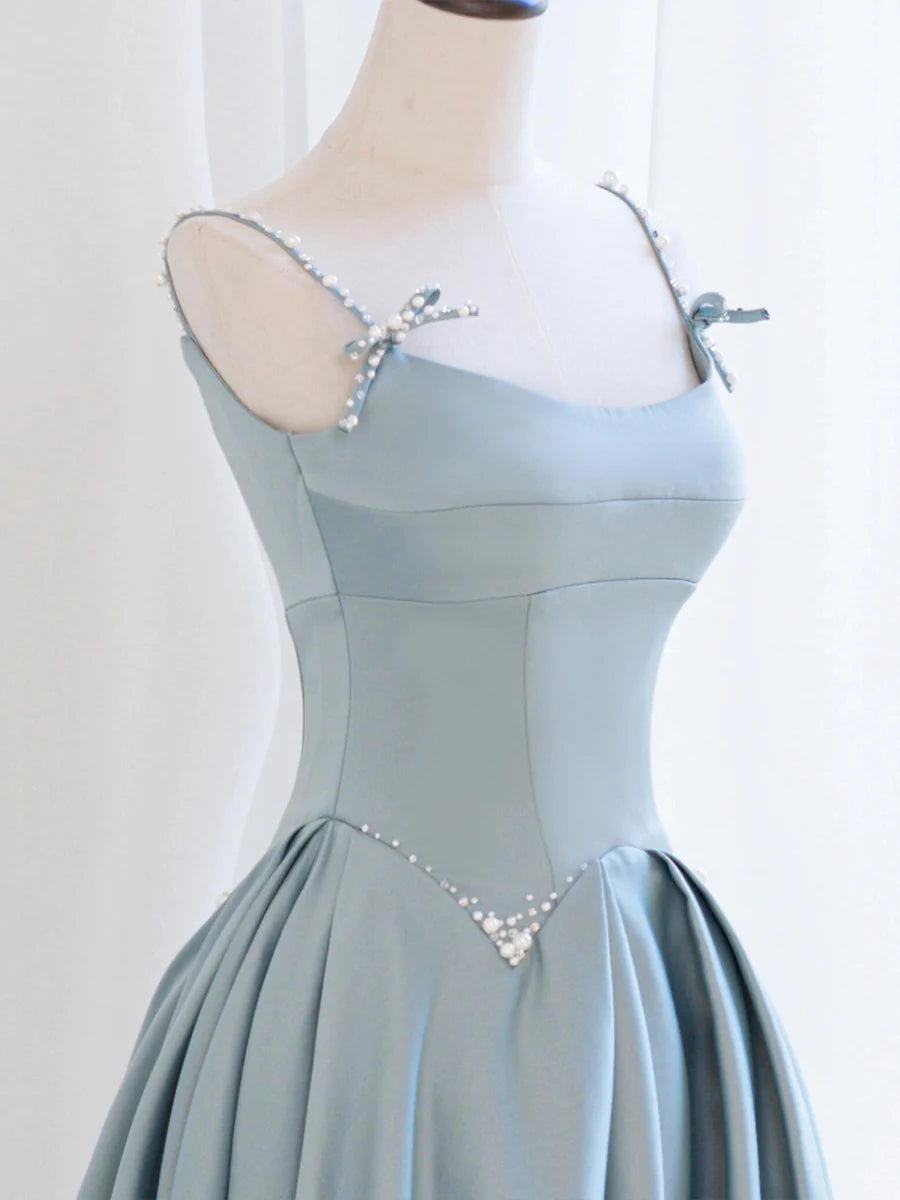 Beautiful Blue Satin With Pearl Spaghetti Strap Back Lace-up Long Prom Dress Evening Party Dress