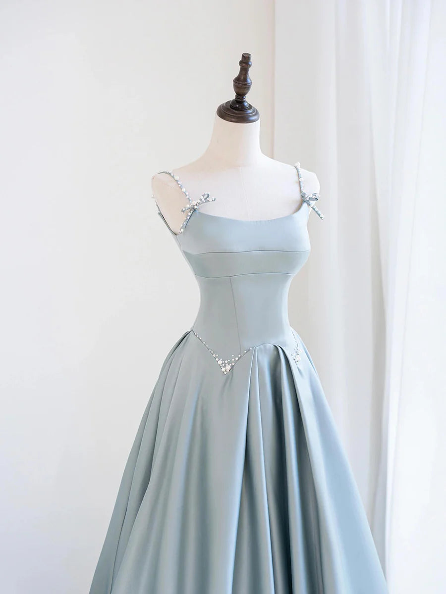 Beautiful Blue Satin With Pearl Spaghetti Strap Back Lace-up Long Prom Dress Evening Party Dress