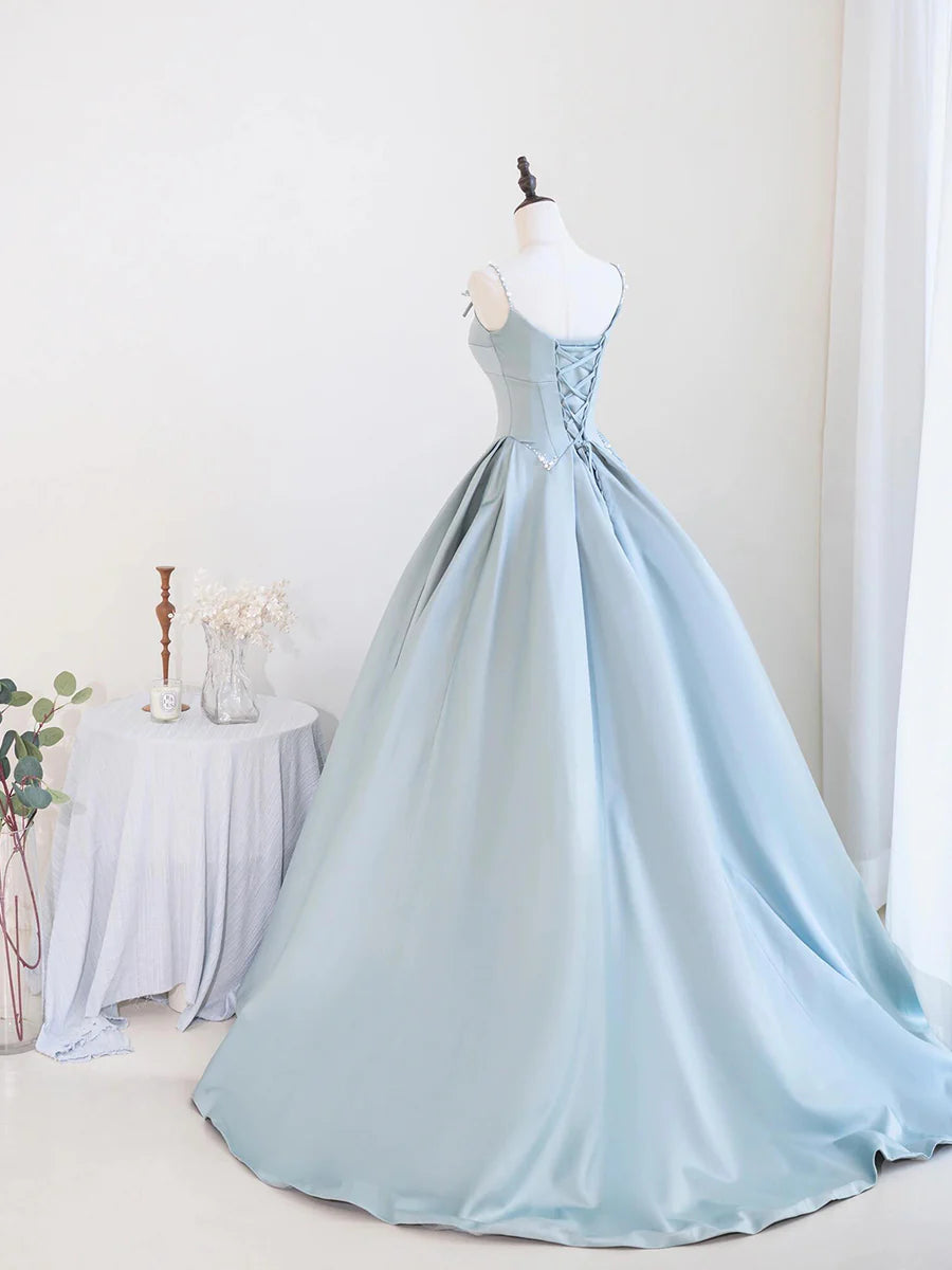 Beautiful Blue Satin With Pearl Spaghetti Strap Back Lace-up Long Prom Dress Evening Party Dress