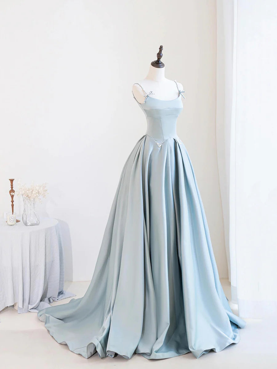 Beautiful Blue Satin With Pearl Spaghetti Strap Back Lace-up Long Prom Dress Evening Party Dress
