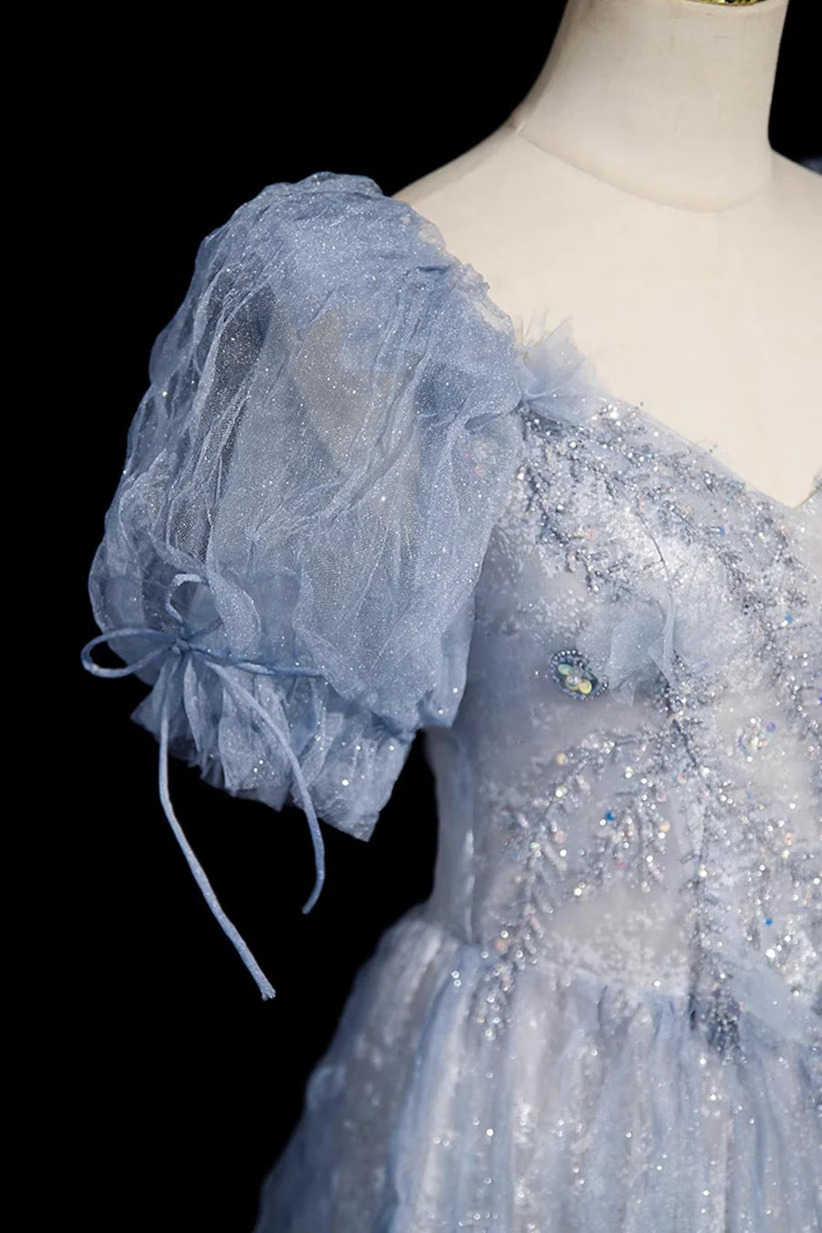 Beautiful Blue Tulle Beaded V Neck Short Sleeve Long Prom Dress Evening Party Dress