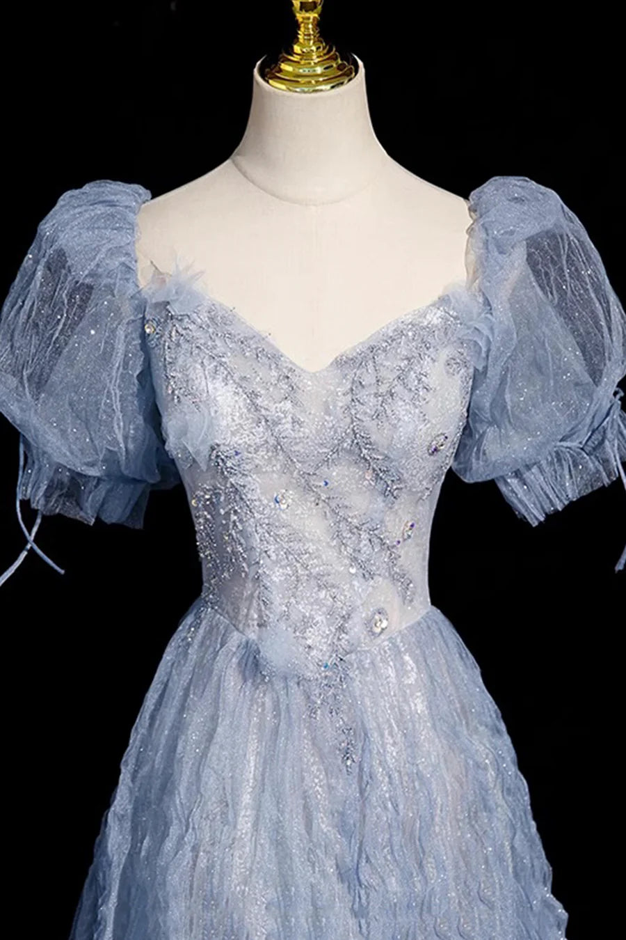 Beautiful Blue Tulle Beaded V Neck Short Sleeve Long Prom Dress Evening Party Dress