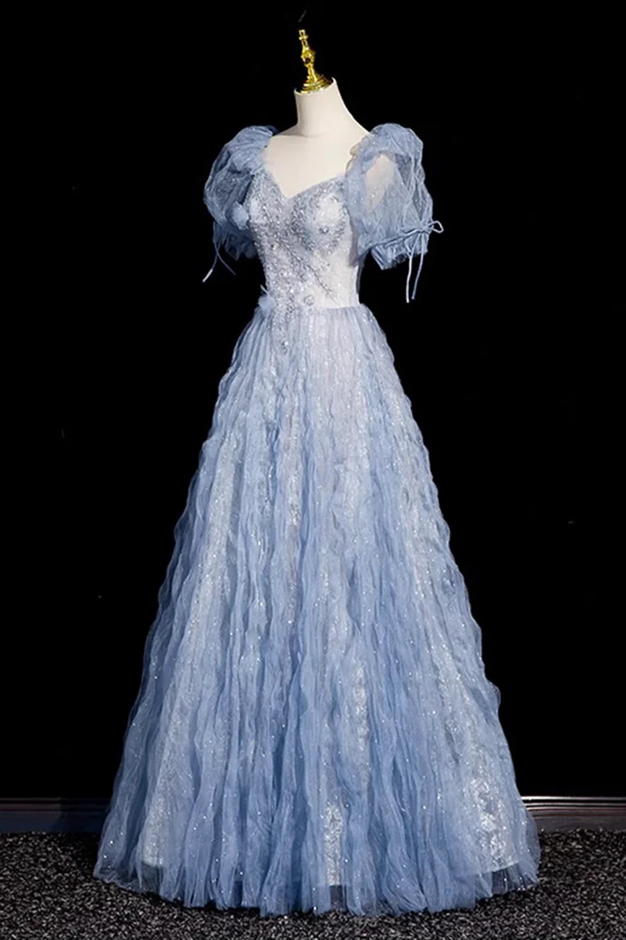 Beautiful Blue Tulle Beaded V Neck Short Sleeve Long Prom Dress Evening Party Dress