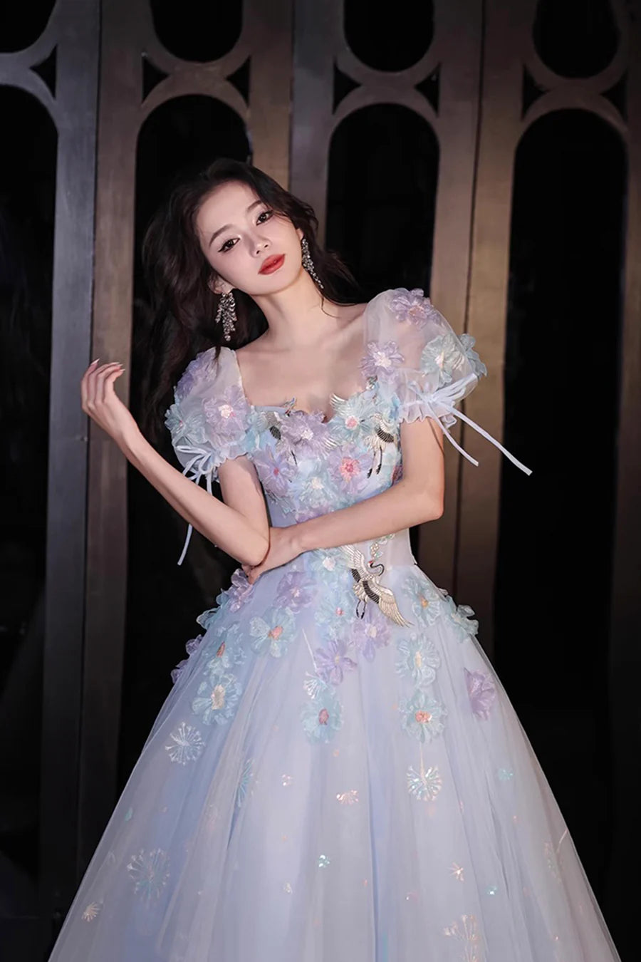 Beautiful Blue Tulle Flowers Crane Short Sleeve Long Prom Dress Evening Party Dress
