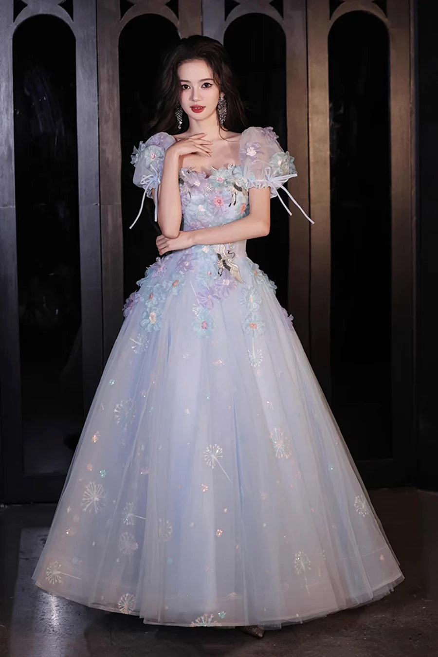 Beautiful Blue Tulle Flowers Crane Short Sleeve Long Prom Dress Evening Party Dress