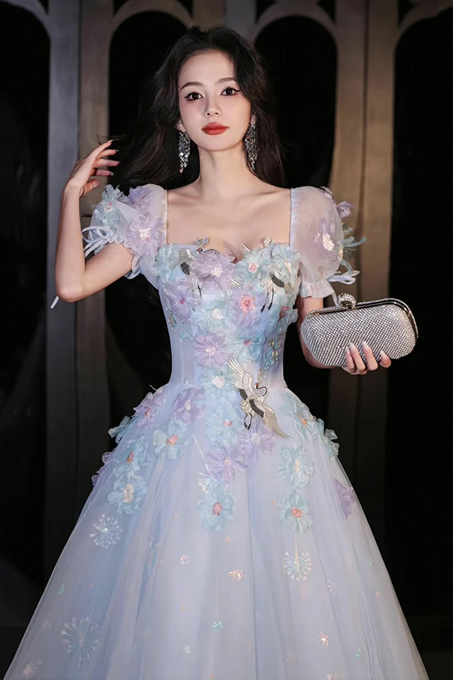 Beautiful Blue Tulle Flowers Crane Short Sleeve Long Prom Dress Evening Party Dress