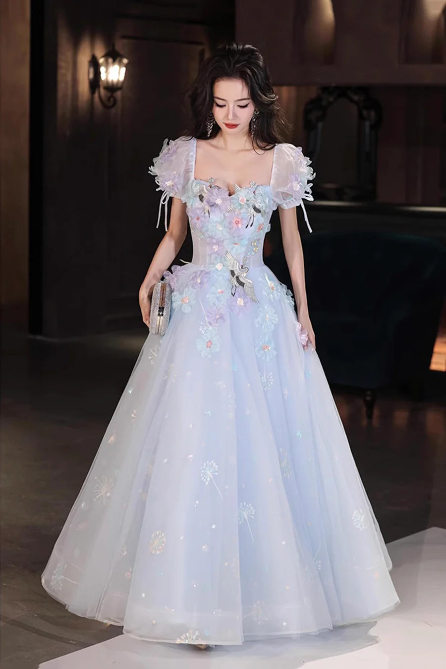 Beautiful Blue Tulle Flowers Crane Short Sleeve Long Prom Dress Evening Party Dress