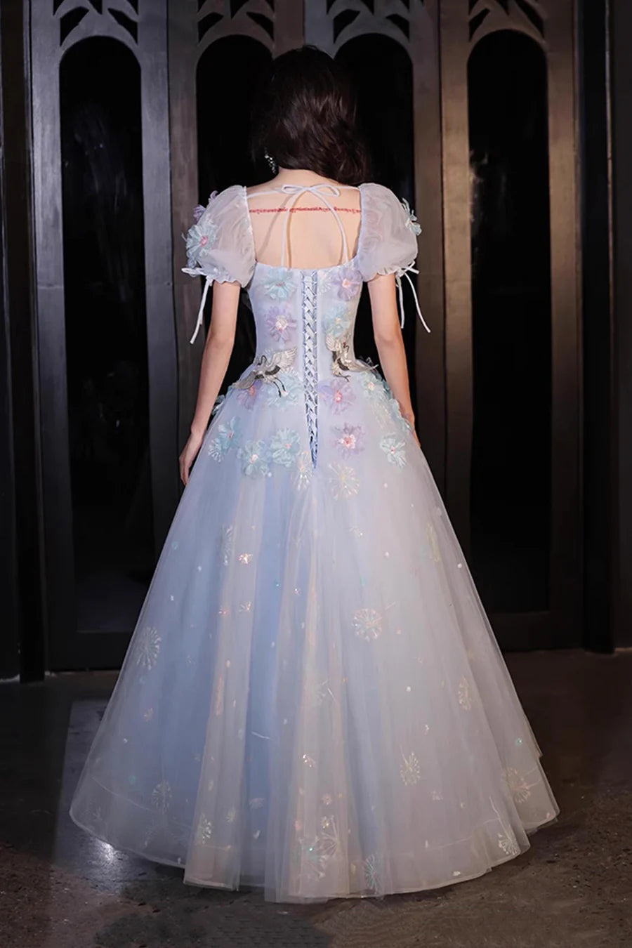 Beautiful Blue Tulle Flowers Crane Short Sleeve Long Prom Dress Evening Party Dress