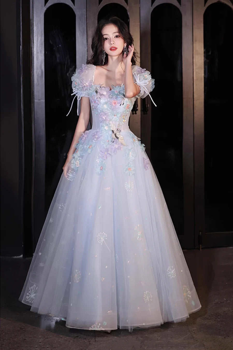 Beautiful Blue Tulle Flowers Crane Short Sleeve Long Prom Dress Evening Party Dress