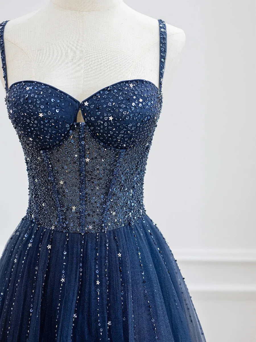 Beautiful Blue Tulle Sequins Spaghetti Strap A-Line Long Prom Dress Party Dress