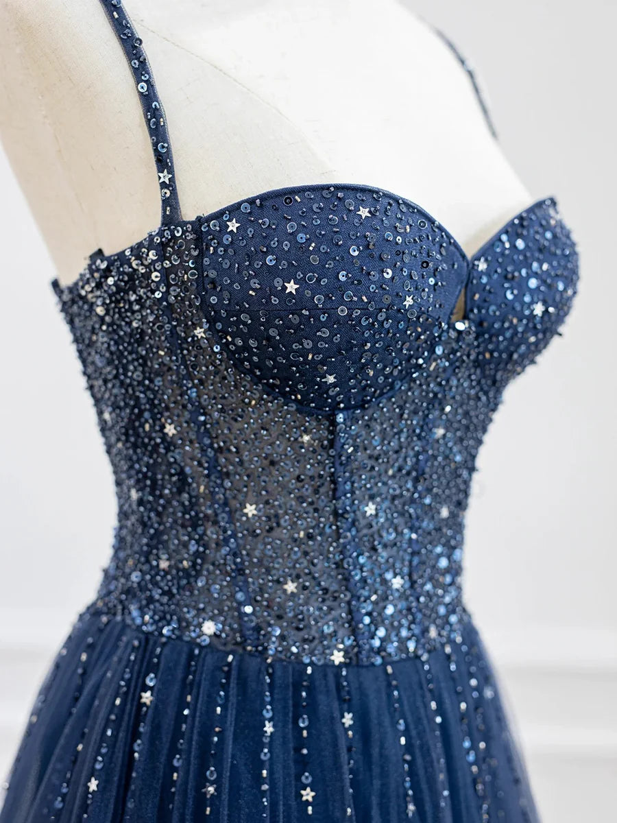 Beautiful Blue Tulle Sequins Spaghetti Strap A-Line Long Prom Dress Party Dress