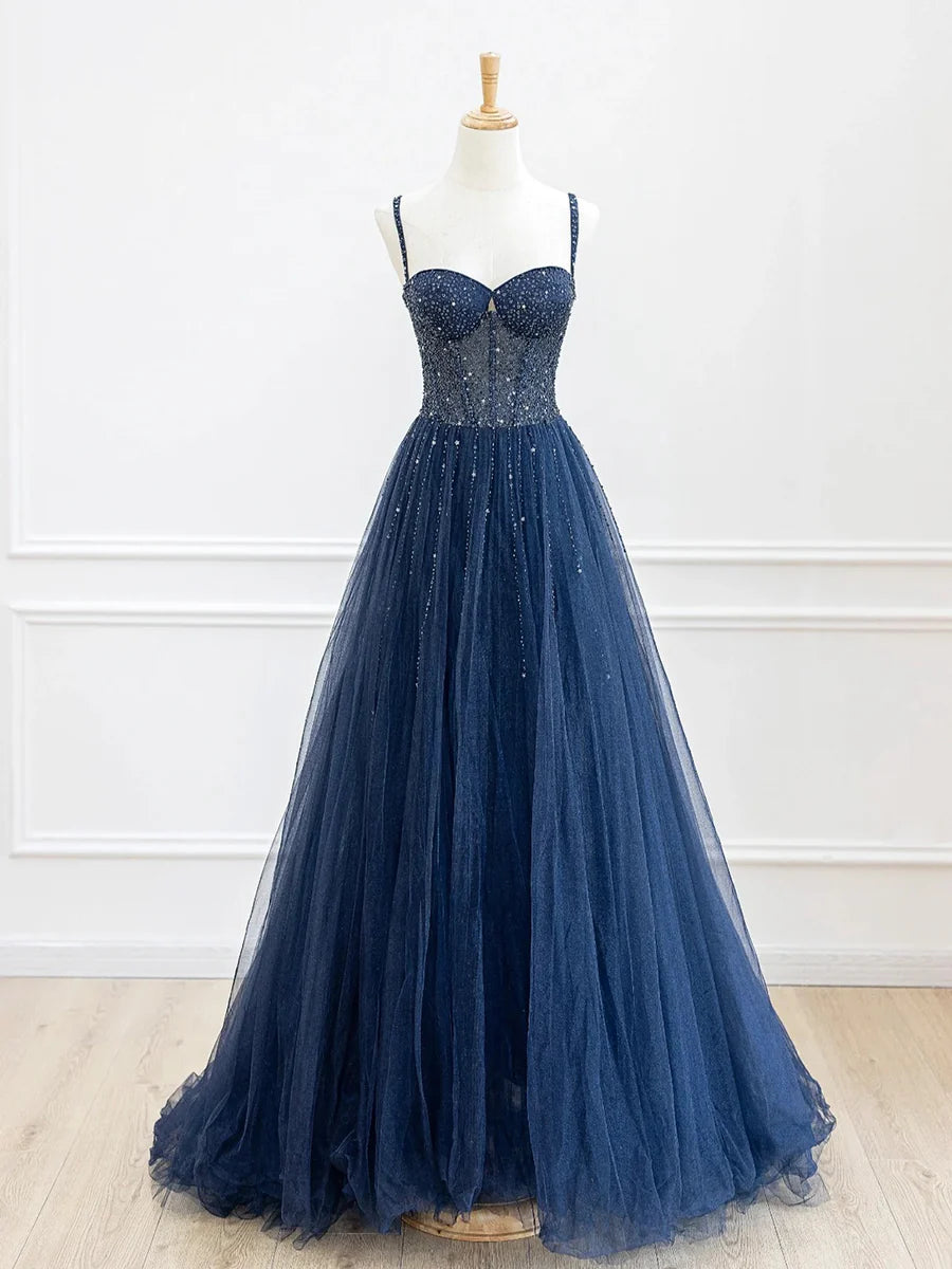 Beautiful Blue Tulle Sequins Spaghetti Strap A-Line Long Prom Dress Party Dress