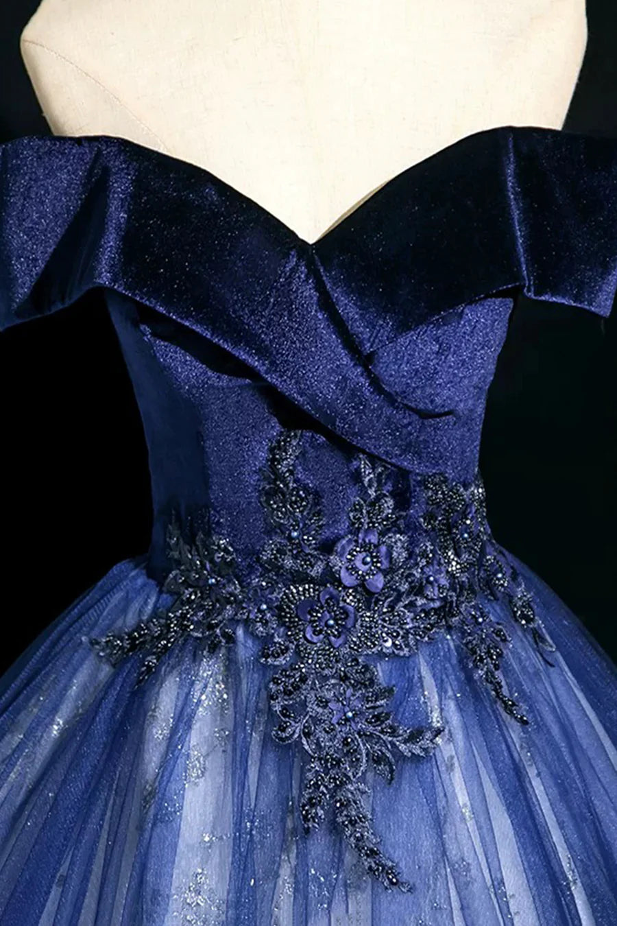 Beautiful Blue Velvet and Tulle With Applique Off Shoulder Long Formal Dress Prom Dress