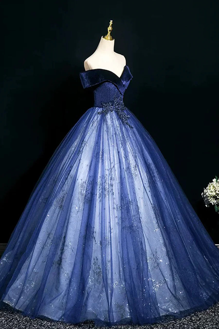 Beautiful Blue Velvet and Tulle With Applique Off Shoulder Long Formal Dress Prom Dress