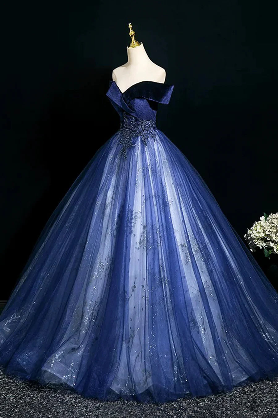 Beautiful Blue Velvet and Tulle With Applique Off Shoulder Long Formal Dress Prom Dress