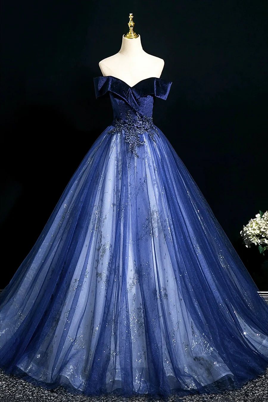 Beautiful Blue Velvet and Tulle With Applique Off Shoulder Long Formal Dress Prom Dress