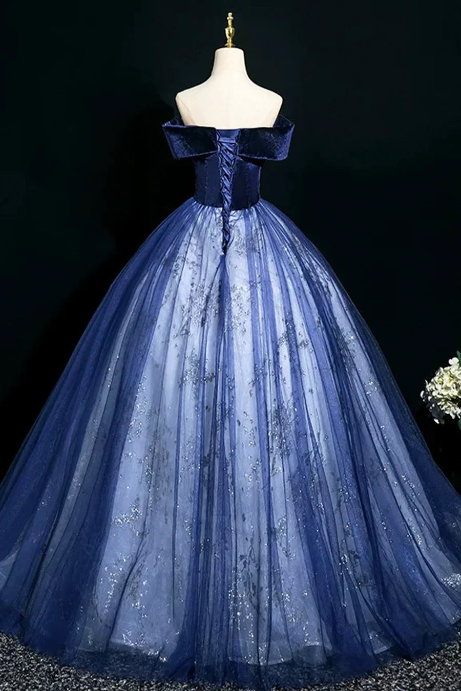 Beautiful Blue Velvet and Tulle With Applique Off Shoulder Long Formal Dress Prom Dress