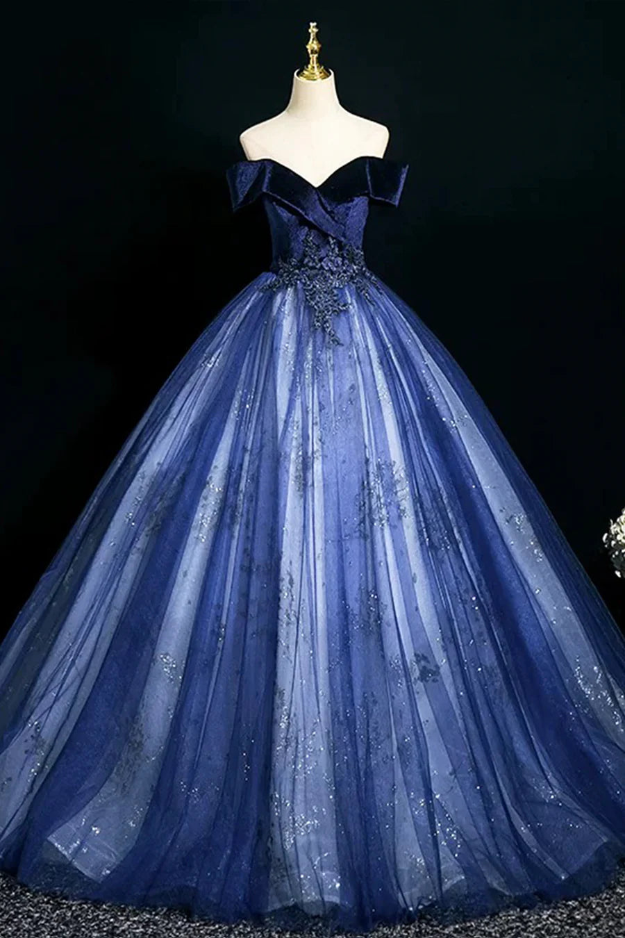 Beautiful Blue Velvet and Tulle With Applique Off Shoulder Long Formal Dress Prom Dress