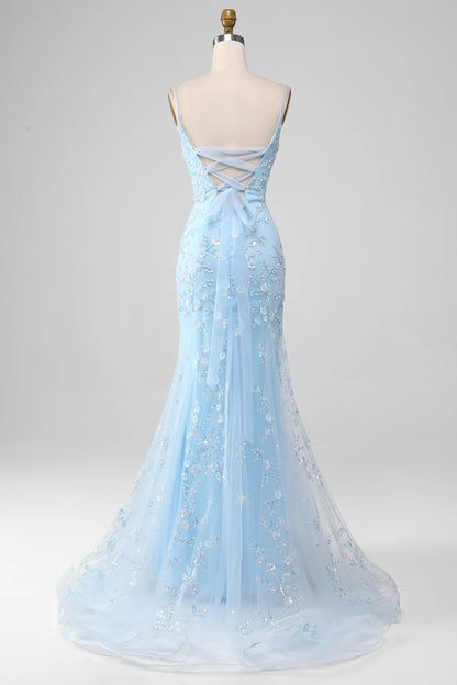 Beautiful Blush Tulle Appliques Spaghetti Straps Mermaid Prom Dress With Train