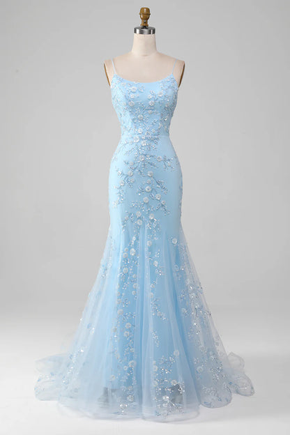 Beautiful Blush Tulle Appliques Spaghetti Straps Mermaid Prom Dress With Train