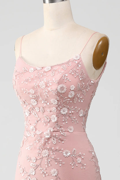 Beautiful Blush Tulle Appliques Spaghetti Straps Mermaid Prom Dress With Train