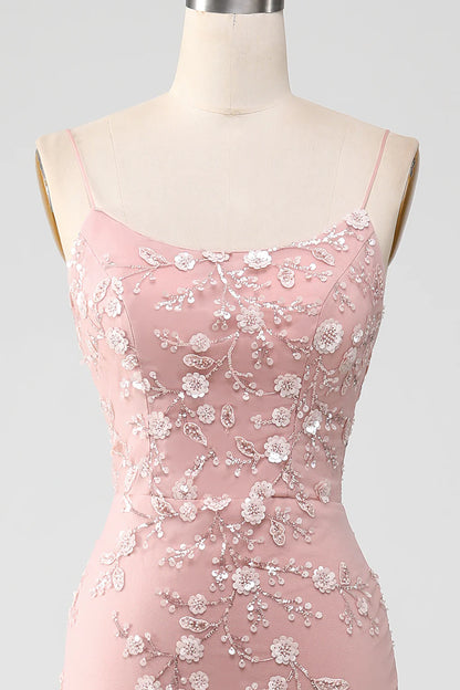Beautiful Blush Tulle Appliques Spaghetti Straps Mermaid Prom Dress With Train