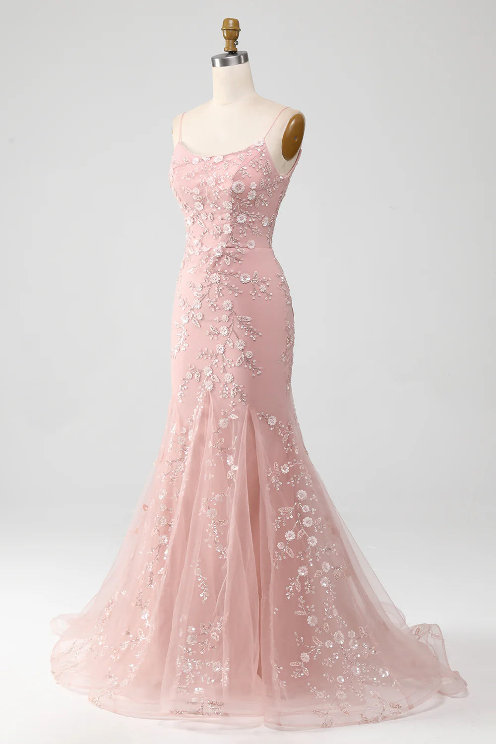 Beautiful Blush Tulle Appliques Spaghetti Straps Mermaid Prom Dress With Train