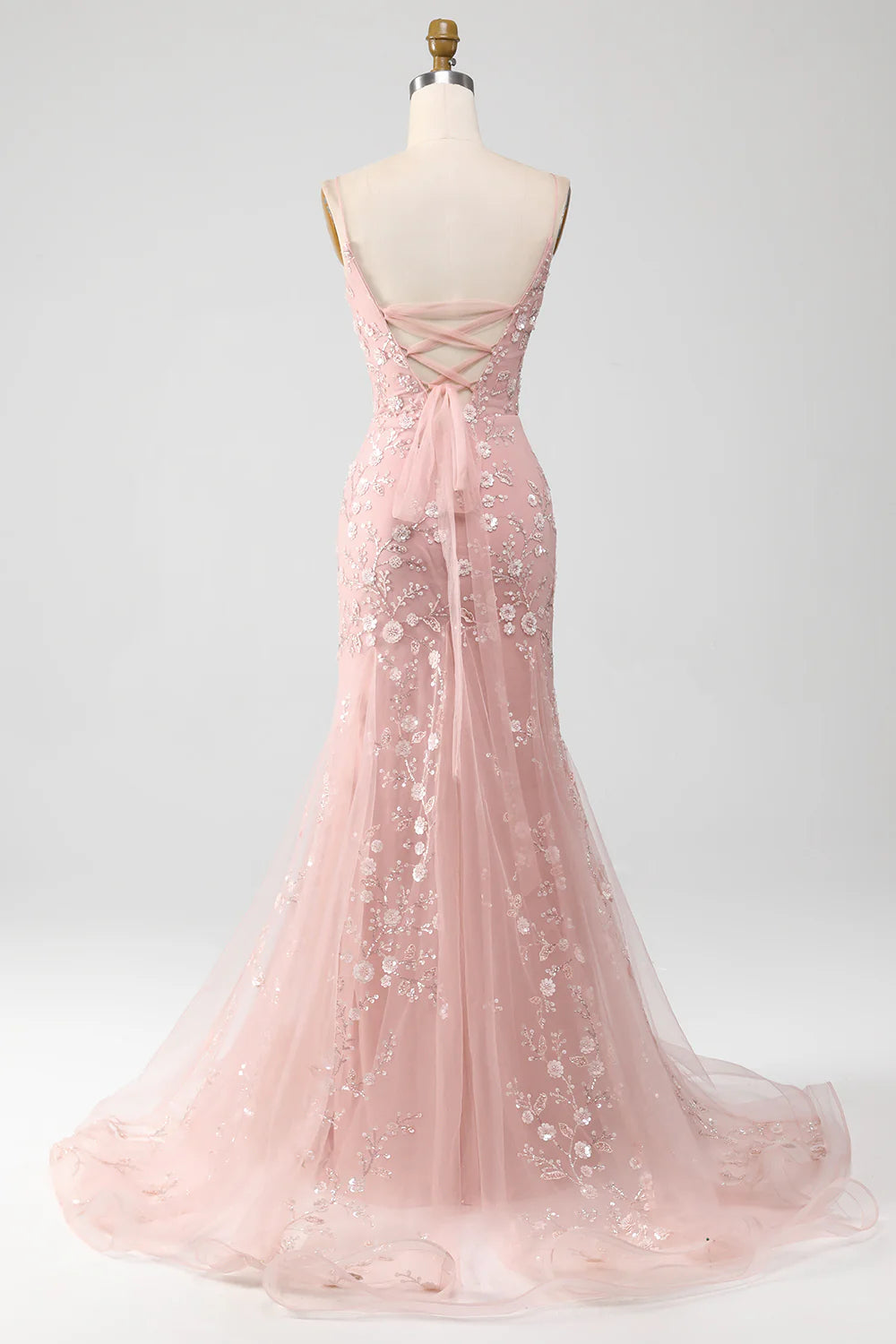 Beautiful Blush Tulle Appliques Spaghetti Straps Mermaid Prom Dress With Train