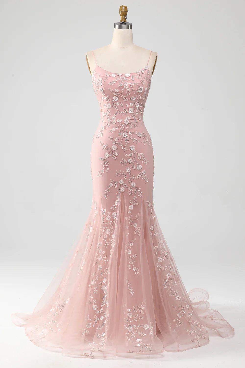Beautiful Blush Tulle Appliques Spaghetti Straps Mermaid Prom Dress With Train