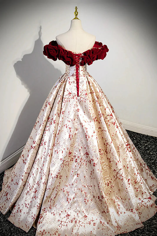 Beautiful Burgundy Floral Satin Sweetheart Neck Backless Long Prom Dress Party Dress