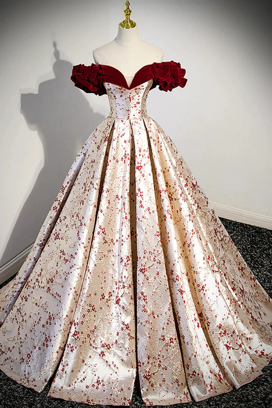 Beautiful Burgundy Floral Satin Sweetheart Neck Backless Long Prom Dress Party Dress